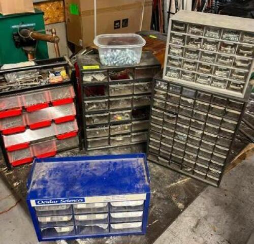 DESCRIPTION: ASSORTED HARDWARE BINS WITH CONTENTS INFORMATION: SEE PHOTOS FOR MORE DETAIL QTY: 1