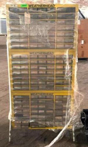 WEATHERHEAD THREE TIER PART ORGANIZER WITH ASSORTED HARDWARE / CONTENTS AND ITEM PRESS