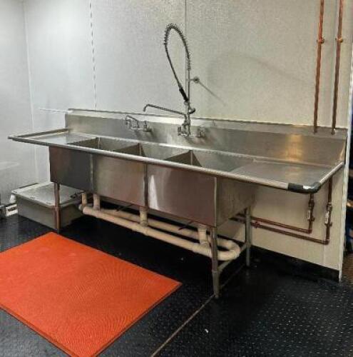 10' THREE COMPARTMENT SINK WITH SPRAYER, FAUCET, AND DRAINBOARDS