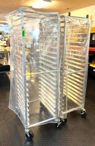DESCRIPTION: (2) FULL SIZE PAN RACKS WITH COVERS ON WHEELS QTY: 2