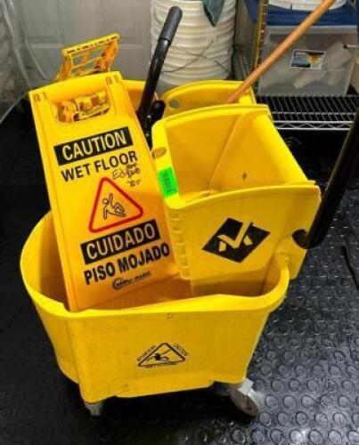 DESCRIPTION: (2) MOP BUCKETS WITH WRINGERS AND MOP AND WET FLOOR SIGN QTY: 1