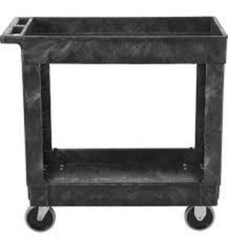 DESCRIPTION: (1) UTILITY CART BRAND/MODEL: RUBBERMAID INFORMATION: GRAY, HEAVY DUTY PLASTIC SIZE: 2 SHELVES, 300 LB. CAPACITY, 25.5" X 40" X 37" RETAI