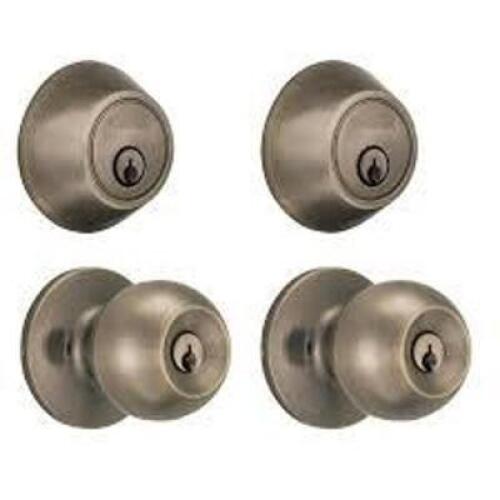 DESCRIPTION: (1) SET OF (2) DOOR KNOBS AND (2) DEADBOLTS BRAND/MODEL: DEFIANT INFORMATION: SATIN NICKEL FINISH SIZE: ALL KEYED ALIKE RETAIL$: $120.0 T