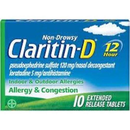 DESCRIPTION: (6) INDOOR AND OUTDOOR ALLERGIES EXTENDED RELEASE TABLETS BRAND/MODEL: CLARITIN-D RETAIL$: $13.99 EA QTY: 6