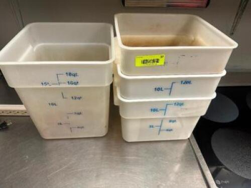 DESCRIPTION (4) ASSORTED PLASTIC CONTAINERS. ( NO LIDS ) ADDITIONAL INFORMATION 18 QT AND 12 QT THIS LOT IS: SOLD BY THE PIECE LOCATION KITCHEN QTY 4
