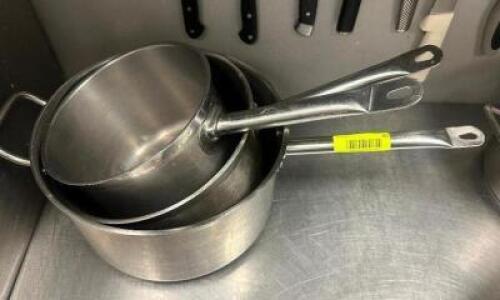 DESCRIPTION (3) ASSORTED STAINLESS SAUCE POTS BRAND / MODEL: WICO THIS LOT IS: SOLD BY THE PIECE LOCATION KITCHEN QTY 3