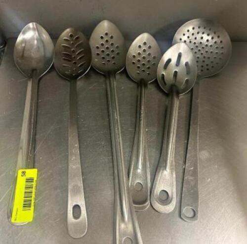 DESCRIPTION (6) ASSORTED SLOTTED STAINLESS SERVING SPOONS THIS LOT IS: SOLD BY THE PIECE LOCATION KITCHEN QTY 6