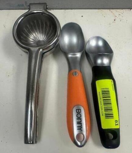 DESCRIPTION (2) STAINLESS SCOOPS AND (1) JUICER. THIS LOT IS: SOLD BY THE PIECE LOCATION KITCHEN QTY 3