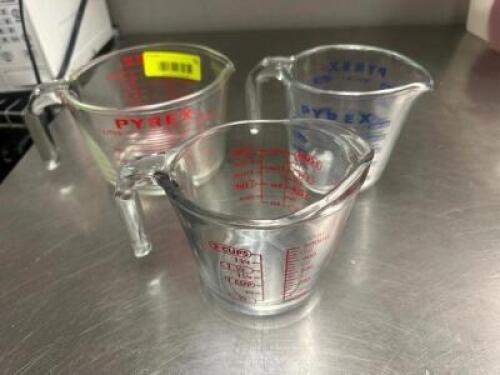 DESCRIPTION (3) PYREX GLASS MEASURING CUPS THIS LOT IS: SOLD BY THE PIECE LOCATION KITCHEN QTY 3
