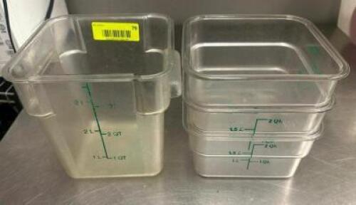 DESCRIPTION (4) ASSORTED PLASTIC CONTAINERS. ( NO LIDS ) THIS LOT IS: ONE MONEY LOCATION KITCHEN QTY 1