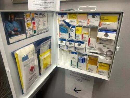 DESCRIPTION WALL MOUNTED FIRST AID KIT W/ CONTENTS. ADDITIONAL INFORMATION ALSO INCLUDED CONTENTS OF WALL SHELF - PAPER PRODUCTS. THIS LOT IS: ONE MON