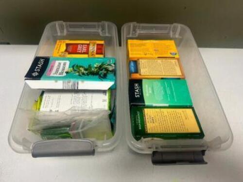 DESCRIPTION (2) PLASTIC TOTES W/ CONTENTS - TEA BAGS THIS LOT IS: ONE MONEY LOCATION KITCHEN QTY 1