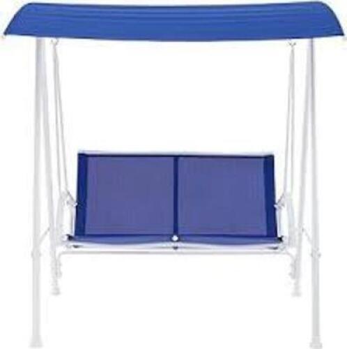DESCRIPTION: (1) CANOPY PORCH SWING BRAND/MODEL: MAINSTAYS ALBANY LANE INFORMATION: BLUE AND WHITE SIZE: 2 PERSON RETAIL$: $108.00 EA QTY: 1