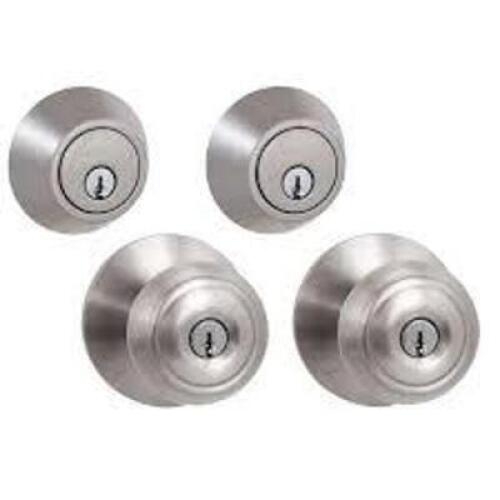 DESCRIPTION: (1) SET OF (2) DOOR KNOBS AND (2) DEADBOLTS BRAND/MODEL: DEFIANT INFORMATION: SATIN NICKEL FINISH SIZE: ALL KEYED ALIKE RETAIL$: $120.0 T