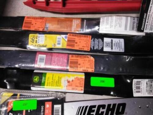 DESCRIPTION: (4) DIFFERENT LAWN MOWER BLADES BRAND/MODEL: TORO, JOHN DEERE, CUB CADET SIZE: 48/42/46 RETAIL$: $100.00 EA QTY: 4