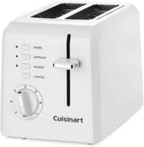 DESCRIPTION: (1) COMPACT TOASTER BRAND/MODEL: CUISINART INFORMATION: WHITE SIZE: 2 SLICE RETAIL$: $29.99 EA QTY: 1