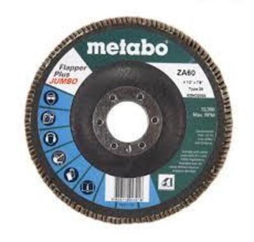 DESCRIPTION: (5) GRINDING FLAP DISCS BRAND/MODEL: METABO INFORMATION: ZA60, TYPE 29 SIZE: 4-1/2" X 5/8" -11 RETAIL$: $18.95 EA QTY: 5