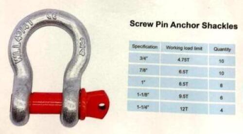 DESCRIPTION: 38PC OF ASSORTED SIZE SCREW PIN ANCHOR SHACKLES INFORMATION: (10) 3/4", (10) 7/8", (8) 1", (6) 1-1/8", (4) 1-1/4" QTY: 1