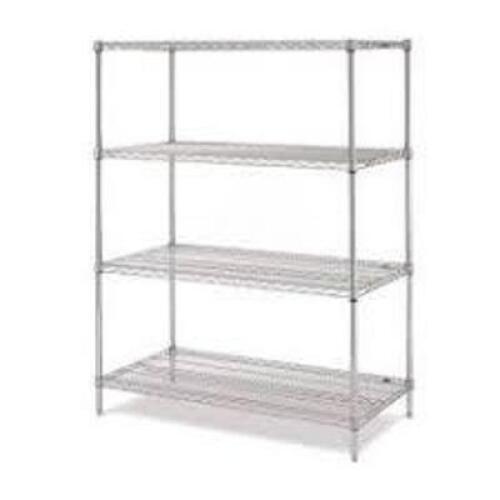 DESCRIPTION: (1) SET OF STORAGE WIRE SHELVES W/UPRIGHTSBRAND/MODEL: OLYMPIC #J1836CINFORMATION: CHROME. 4 WIRE SHELVESSIZE: 18" X 36" SHELVESRETAIL$: $156.00 EAQTY: 1