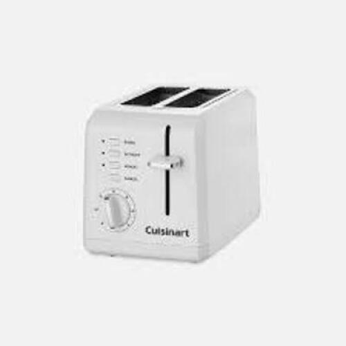 DESCRIPTION: (1) COMPACT TOASTER BRAND/MODEL: CUISINART INFORMATION: WHITE SIZE: 2 SLICE RETAIL$: $29.99 EA QTY: 1