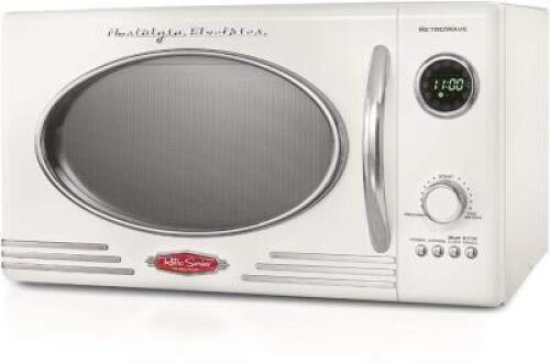 DESCRIPTION: (1) RETRO COUNTERTOP MICROWAVE BRAND/MODEL: NOSTALGIA/RMO4IVY INFORMATION: IVORY/5-POWER LEVELS/12-COOKING SETTINGS RETAIL$: $108.40 SIZE