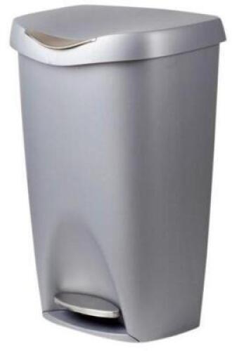 DESCRIPTION: (1) BRIM GARBAGE CAN BRAND/MODEL: UMBRA/084200-410 INFORMATION: NICKEL/CAPACITY: 50 LITER RETAIL$: $52.64 SIZE: 25.5"L X 16.4"W X 12.25"H