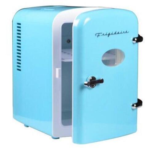 DESCRIPTION: (1) PORTABLE MINI PERSONAL BEVERAGE REFRIGERATOR BRAND/MODEL: FRIGIDAIRE/EFMIS129 INFORMATION: LIGHT BLUE/CAN CAPACITY: 6 CAN RETAIL$: $5