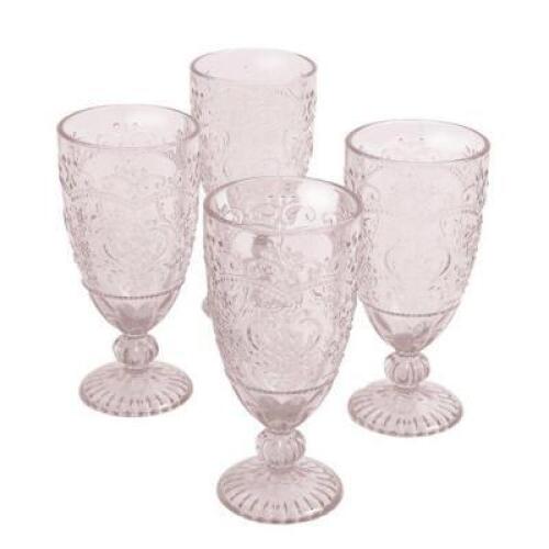 DESCRIPTION: (1) PACK OF (4) ROSE TEA GOBLETS BRAND/MODEL: THE PIONEER WOMAN/128008.04R INFORMATION: PINK RETAIL$: $15.76 PER SET SIZE: 14.7-OZ QTY: 1