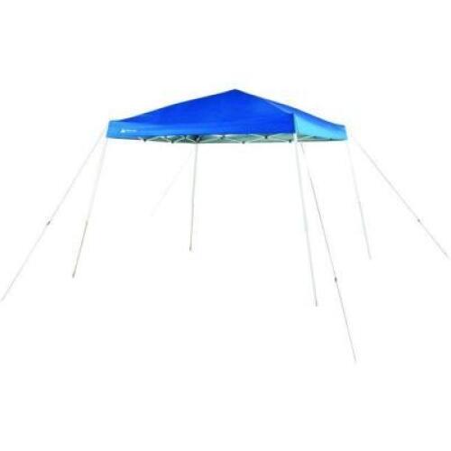 DESCRIPTION: (1) INSTANT SLANT LEG CANOPY BRAND/MODEL: OZARK TRAIL/FGA99SL INFORMATION: WHITE & BLUE/COOLING SHADE RETAIL$: $55.00 SIZE: 10' X 10' QTY