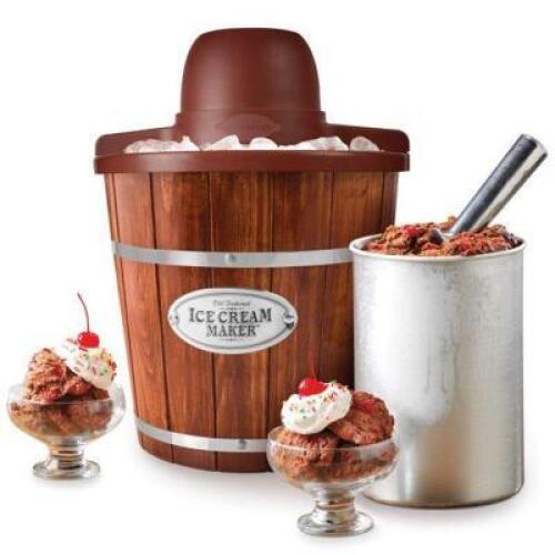 DESCRIPTION: (1) WOOD BUCKET ICE CREAM MAKER BRAND/MODEL: NOSTALGIA/ICMW4NHDB INFORMATION: CAPACITY: 4-QUART RETAIL$: $29.96 SIZE: 12" X 12" X 16" QTY