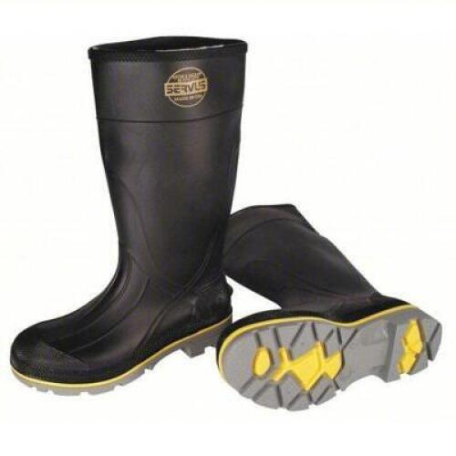 DESCRIPTION: (1) PAIR OF DEFINED HEEL ELECTRICAL HAZARD WATERPROOF RUBBER BOOT BRAND/MODEL: HONEYWELL SERVUS #1TZN3 INFORMATION: BLACK AND YELLOW SIZE