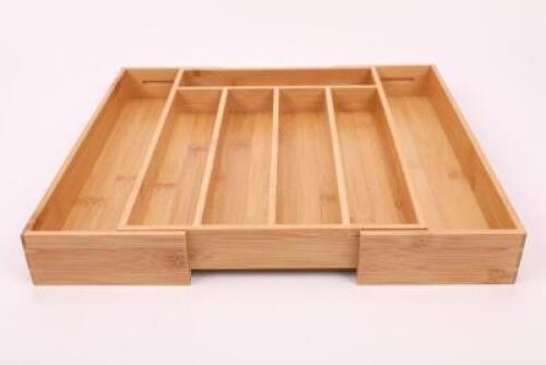 DESCRIPTION: (1) EXPANDABLE CUTLERY TRAY DRAWER ORGANIZER BRAND/MODEL: BETTER HOMES & GARDENS/791258326362 INFORMATION: BAMBOO/NATURAL RETAIL$: $31.21