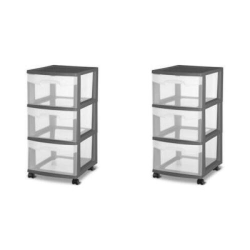 DESCRIPTION: (1) PACK OF (2) PLASTIC 3-DRAWER CARTS BRAND/MODEL: STERILITE/2830-2 INFORMATION: GRAY & CLEAR RETAIL$: $29.98 SIZE: 14.5"L X 12.62"W X 2