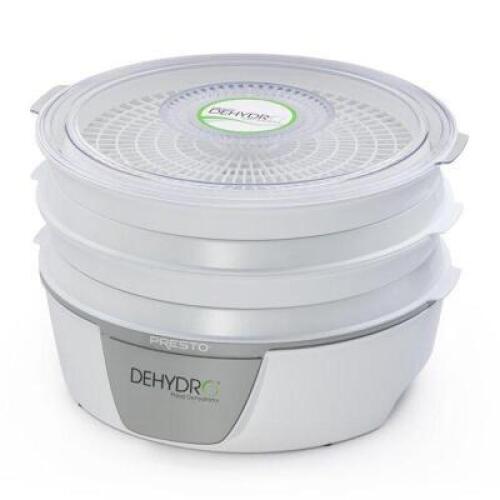 DESCRIPTION: (1) ELECTRIC FOOD DEHYDRATOR BRAND/MODEL: PRESTO DEHYDRO/06300 INFORMATION: WHITE/4-TRAYS RETAIL$: $39.82 SIZE: 14.25"L X 14.25"W X 6.5"H