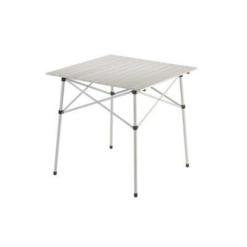 DESCRIPTION: (1) COMPACT CAMPING TABLE BRAND/MODEL: COLEMAN/2000034875 INFORMATION: SILVER/ROLL-TOP RETAIL$: $49.99 SIZE: 27.6"W X 27.6"L X 27.6"H QTY