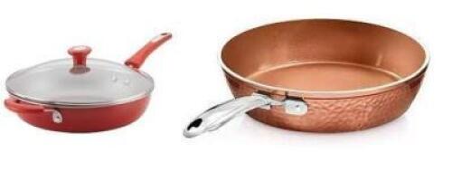 DESCRIPTION: (2) DEEP SKILLET PANS BRAND/MODEL: RACHAEL RAY-GOTHAM STEEL INFORMATION: NON-STICK/WITH 1 LID RETAIL$: $29.97 FOR RACHAEL RAY/$29.88 FOR
