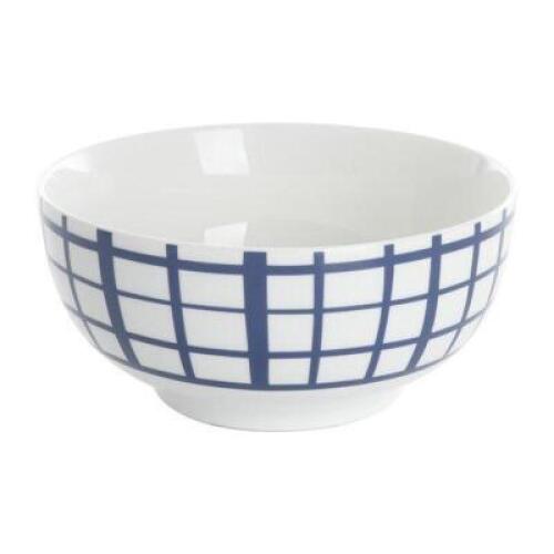 DESCRIPTION: (1) PACK OF (4) ASSORTED FINE CERAMIC BOWLS BRAND/MODEL: GAP HOME/96910.04R INFORMATION: WHITE & BLUE/CHIP & STAIN RESISTANT RETAIL$: $18