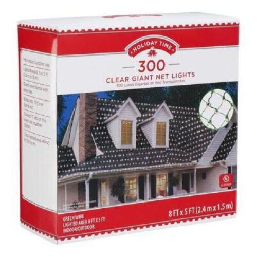 DESCRIPTION: (1) GIANT NET CHRISTMAS LIGHTS SET BRAND/MODEL: HOLIDAY TIME/66-462 INFORMATION: 300-CLEAR LIGHTS/GREEN NET RETAIL$: $19.96 SIZE: 8' X 5'