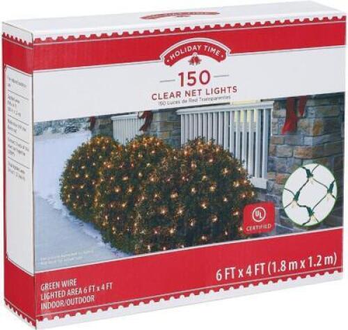 DESCRIPTION: (3) CLEAR NET LIGHTS BRAND/MODEL: HOLIDAY TIME/66-310C INFORMATION: GREEN WIRE RETAIL$: $27.00 EACH SIZE: 4' X 6' QTY: 3