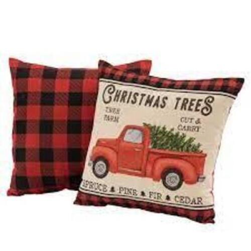 DESCRIPTION: (2) THROW PILLOW BRAND/MODEL: MAINSTAYS #MS40843839007 INFORMATION: HOLIDAY TRUCK BUFFALO CHECK DECROATIVE RETAIL$: $10.88 SIZE: 17X17 QT