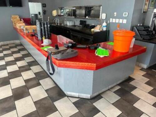 DESCRIPTION 21' X 36" J SHAPED SALES COUNTER. ADDITIONAL INFORMATION CONTENTS ARE NOT INCLUDED SIZE 20' X 36" LOCATION SEATING QTY 1
