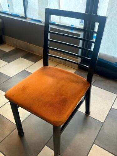 DESCRIPTION (8) LADDER BACK METAL CHAIRS W/ ORANGE FABRIC SEATS THIS LOT IS: SOLD BY THE PIECE LOCATION SEATING QTY 8