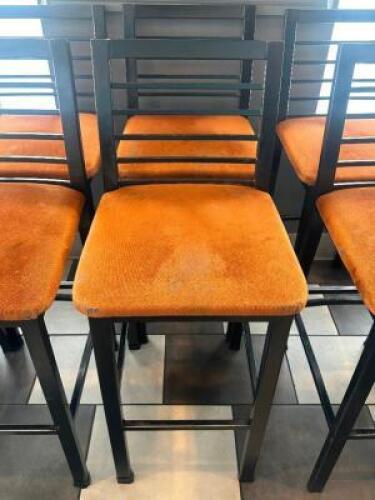 DESCRIPTION (4) 30" LADDER BACK METAL BAR STOOLS W/ ORANGE FABRIC SEATS. THIS LOT IS: SOLD BY THE PIECE LOCATION SEATING QTY 4