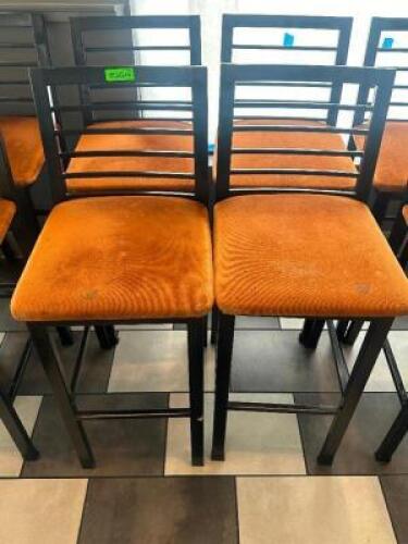 DESCRIPTION (4) 30" LADDER BACK METAL BAR STOOLS W/ ORANGE FABRIC SEATS. THIS LOT IS: SOLD BY THE PIECE LOCATION SEATING QTY 4
