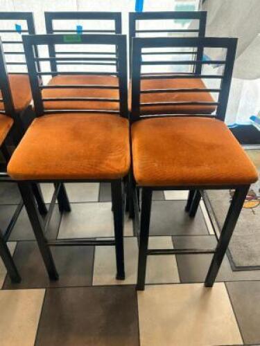 DESCRIPTION (4) 30" LADDER BACK METAL BAR STOOLS W/ ORANGE FABRIC SEATS. THIS LOT IS: SOLD BY THE PIECE LOCATION SEATING QTY 4
