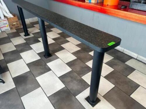 DESCRIPTION 9' X 8" BLACK COMPOSITE BAR RAIL W/ 42" PEDESTAL BASES. LOCATION SEATING QTY 1