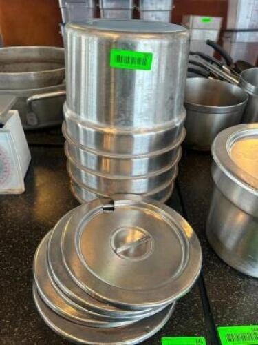 DESCRIPTION (4) 9" ROUND STAINLESS CROCK INSERTS 2/ LIDS THIS LOT IS: SOLD BY THE PIECE LOCATION SEATING QTY 4