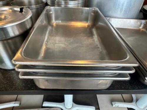 DESCRIPTION (3) FULL SIZE STAINLESS INSERTS ADDITIONAL INFORMATION 4" DEEP THIS LOT IS: SOLD BY THE PIECE LOCATION SEATING QTY 3