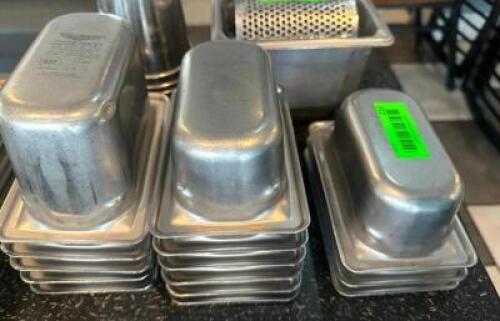 DESCRIPTION (14) 1/9TH SIZE STAINLESS INSERTS ADDITIONAL INFORMATION 4" DEEP THIS LOT IS: SOLD BY THE PIECE LOCATION SEATING QTY 14