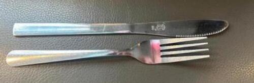 DESCRIPTION (75) STAINLESS FORK AND KNIFE SETS ADDITIONAL INFORMATION W/ RACK THIS LOT IS: SOLD BY THE PIECE LOCATION SEATING QTY 75